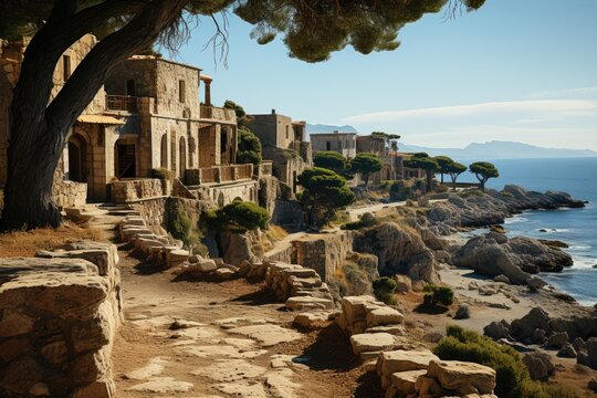 Ancestral ruins of Kamiros by the sea., generative IA