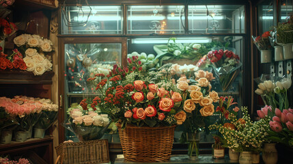 A flower shop with a basket of flowers on a table