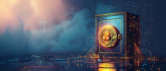 Cyber vault with glowing Bitcoin emblem and digital connections