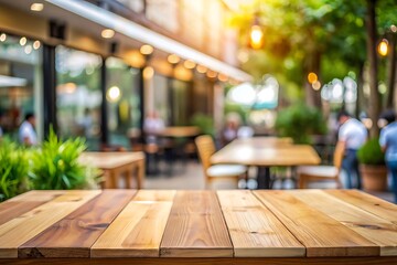 Empty wood tabletop or counter with display product. Blur image of outdoor coffee shop background. Display product background concept.
