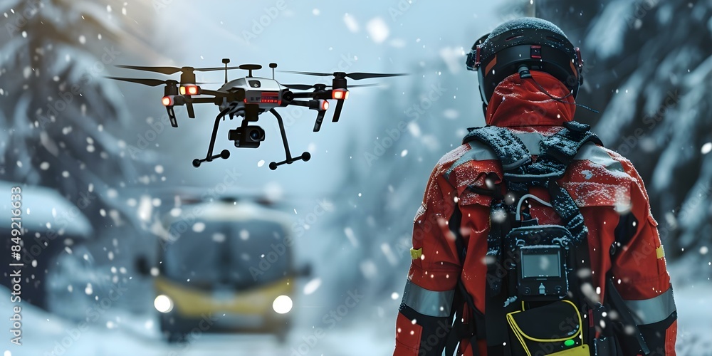 Poster utilizing drone technology for emergency response in search and rescue operations. concept drone tec