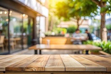 Empty wood tabletop or counter with display product. Blur image of outdoor coffee shop background. Display product background concept.