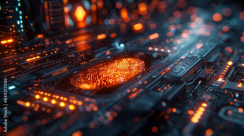 Poster digital fingerprint scan on futuristic circuit board