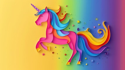 Obraz premium Vibrant paper style illustration of a unicorn with rainbow colors, symbolizing hope and diversity for LGBTQ Pride Month