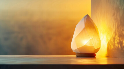 Geometric crystal lamp emitting warm light on a surface.