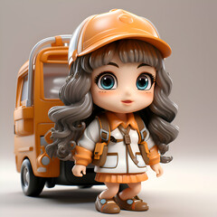 Cute cartoon girl with orange school bus. 3d rendering