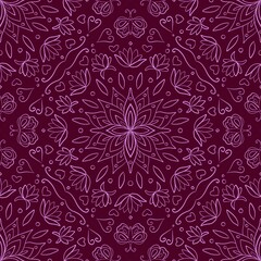 Batik hand drawn seamless pattern. Maroon illustration of indonesian batik. Lotus flower mandala botanical butterfly background. Good for fabric, fashion design, textile, wallpaper, clothing, wrapping