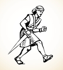 Vector drawing. Running warrior with sword