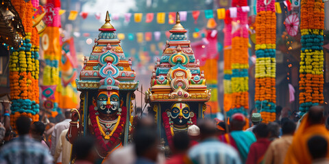 Vibrant Ratha Yatra festival scene with ornate, colorful chariots of Lord Jagannath amidst a lively crowd. The street is adorned with bright decorations and marigold garlands, capturing the festive sp