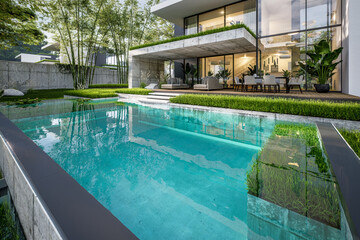 3d rendering of flat roof house with parking and pool for sale or rent with concrete facade and beautiful landscaping. Clear summer evening with cozy light from window