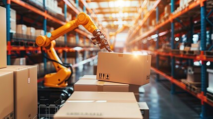 Naklejka premium a warehouse backdrop, an industrial robotic arm adeptly handles a cardboard box and stack of boxes, showcasing efficiency in magazine and food delivery logistics.