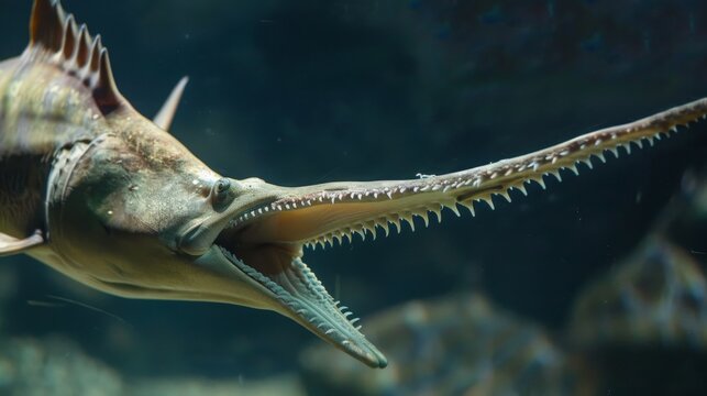 The sawfish is a fish that has a long, flat snout with sharp teeth on the edges. It uses its snout to slash at prey, such as fish and squid.
