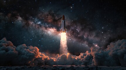 A space rocket launch illuminates the dark blue sky with smoke and stars in the background, capturing the awe-inspiring moment of exploration and discovery.