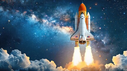 A space rocket launch illuminates the dark blue sky with smoke and stars in the background, capturing the awe-inspiring moment of exploration and discovery.