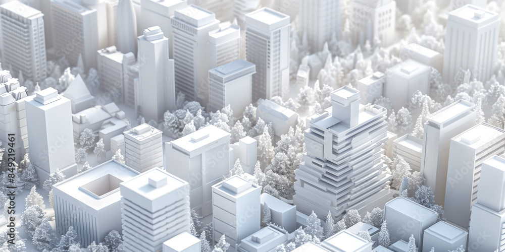 Poster birds eye view of a modern city. urban concept. white clay 3d rendering. created with generative ai 