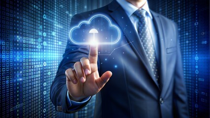 Cloud or edge computing technology concept. Businessman uses finger to click cloud icon connects data access Global use abstract binary code on dark blue background.