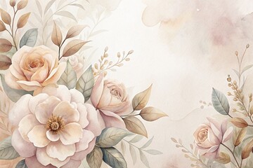 Beautiful flowers pastel beige color, watercolor style. Wedding card. Texture image.