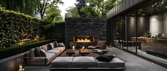 Luxury modern outdoor living area at dusk with fireplace and ambient lighting