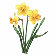 A beautiful illustration of three vibrant yellow daffodils in full bloom with green stems and leaves on a white background.