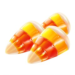 Close-up of two vibrant candy corn pieces isolated on a white background, symbolizing Halloween and festive treats
