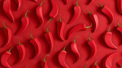 3D red pepper seamless repeating pattern on red background 