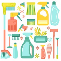 Colorful set of cleaning supplies on white background, featuring brushes, sprays, and detergents for home maintenance and cleanliness.