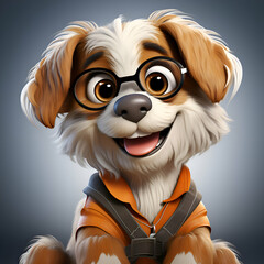 Obraz premium Funny dog with eyeglasses and orange vest on gray background