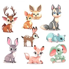 Cute cartoon baby forest animals in various poses, including deer, bunny, fox, raccoon, and elephant, isolated on white.