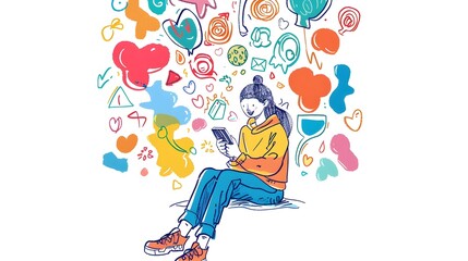 Casual Conversation with Assistant on Vibrant Doodle-Style Smartphone Interface