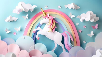 Obraz premium Whimsical paper art piece featuring a unicorn and a rainbow, crafted to celebrate the LGBTQ spirit during Pride Month
