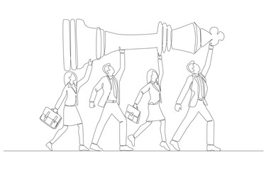 Continuous one line drawing of business people carrying chess piece forward, business team strategy to success concept, single line art.