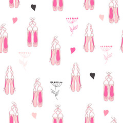 Seamless pattern with ballet pointe shoes and additional elements, imitation of a sketch, watercolors. Ballet school promo background