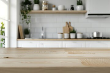 An interior design of a moldable kitchen with eating and cooking areas, blurred. Mockup table.