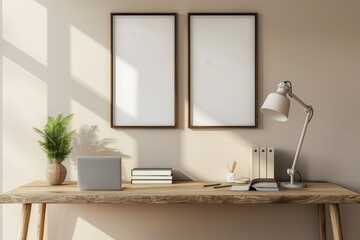 An interior shot of a business room with a desk and laptop. Frames for mockups.