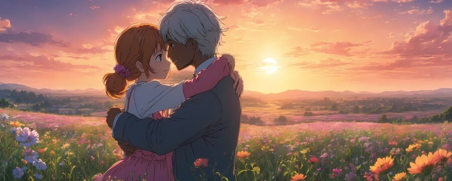 anime manga couple hugging on meadow with sunset in background. Extremely detailed high resoluiton illustration