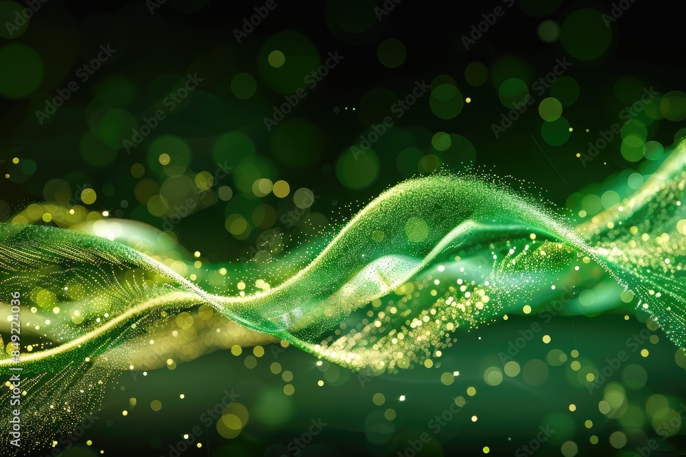 Poster abstract green and yellow wave with floating particles on a dark background creating a vibrant, dyna
