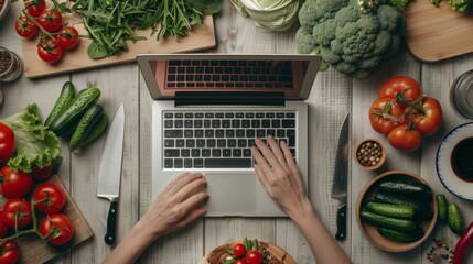 The laptop amidst fresh vegetables