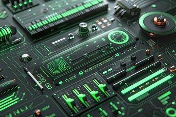 Fototapeta premium Futuristic control panel with glowing green elements, featuring various buttons, dials, and switches in a high-tech interface.