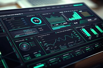 Obraz premium Modern dashboard interface displaying various data metrics, analytics, and graphs on a digital screen, showcasing business intelligence tools.