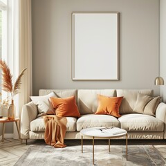 The interior of an elegant home relax room features a couch, drawers, and decorations, as well as a mockup frame.