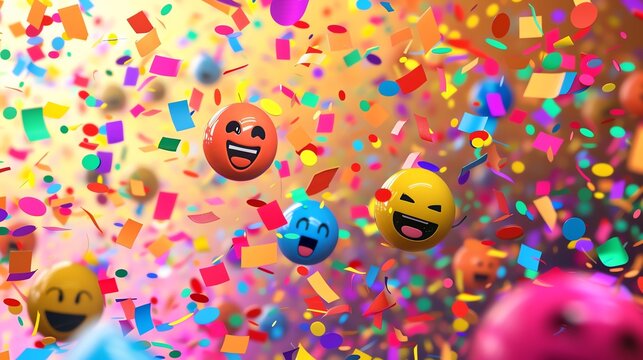 A celebratory background with happy emoji and colorful confetti. - Powered by Adobe