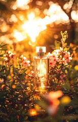 A metallic perfume bottle rests on blossoming flowers with bokeh background. Concept of luxury and fragrance using artificial intelligence.