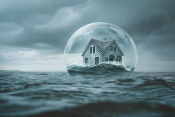 Water bubble floating on water with a stormy sky and raindrops around, concept of property insurance and protection.