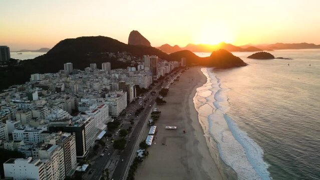 Atlantica Avenue With Buildings and Copacabana Beach in Rio de Janeiro on Sunrise