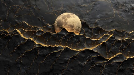 abstract relief sculpture of the mountain range with golden moon on dark background
