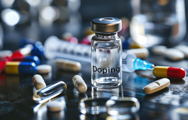 The doping scandal. Vials of doping pills and syringes are scattered on the table. The concept of doping by athletes