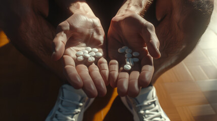 Close-up of a blue boxing glove smashing a handful of different pills in all directions. The fight against the use of doping and steroids. A sports concept