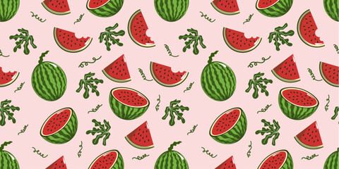 Seamless pattern with watermelon slices on a pink background. Cute watermelon on the Watermelon Day theme. It can be used for wrapping paper, gift wrapping, textiles, etc.