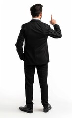 Seeing a person in a black suit from behind and raising one finger
