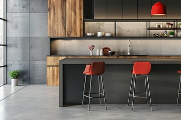 Kitchen inside a modern home with a bar counter, a cooking cabinet, and kitchenware